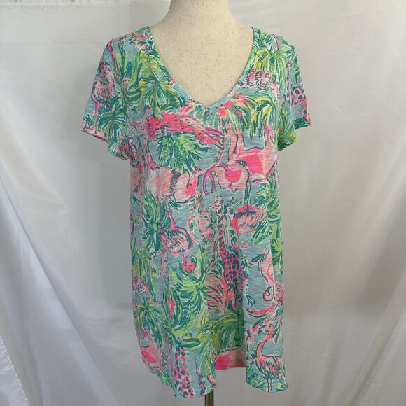 Lilly Pulitzer Etta V-Neck Top Seasalt Blue On Parade Size Medium Flamingo - Picture 2 of 9
